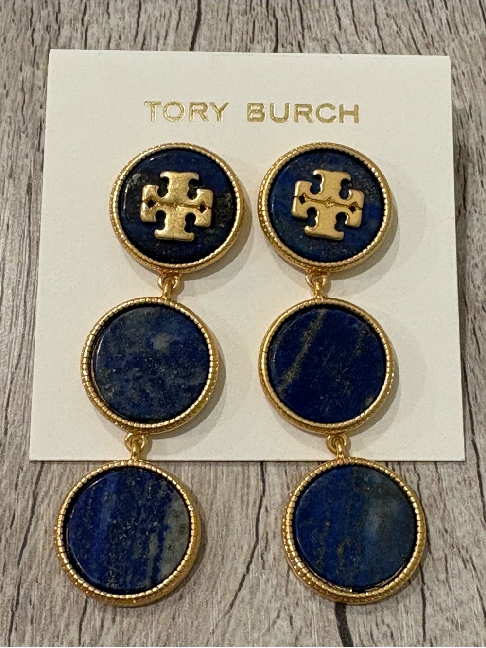 Tory Burch Gold & Lapis Disc Logo Drop Earrings